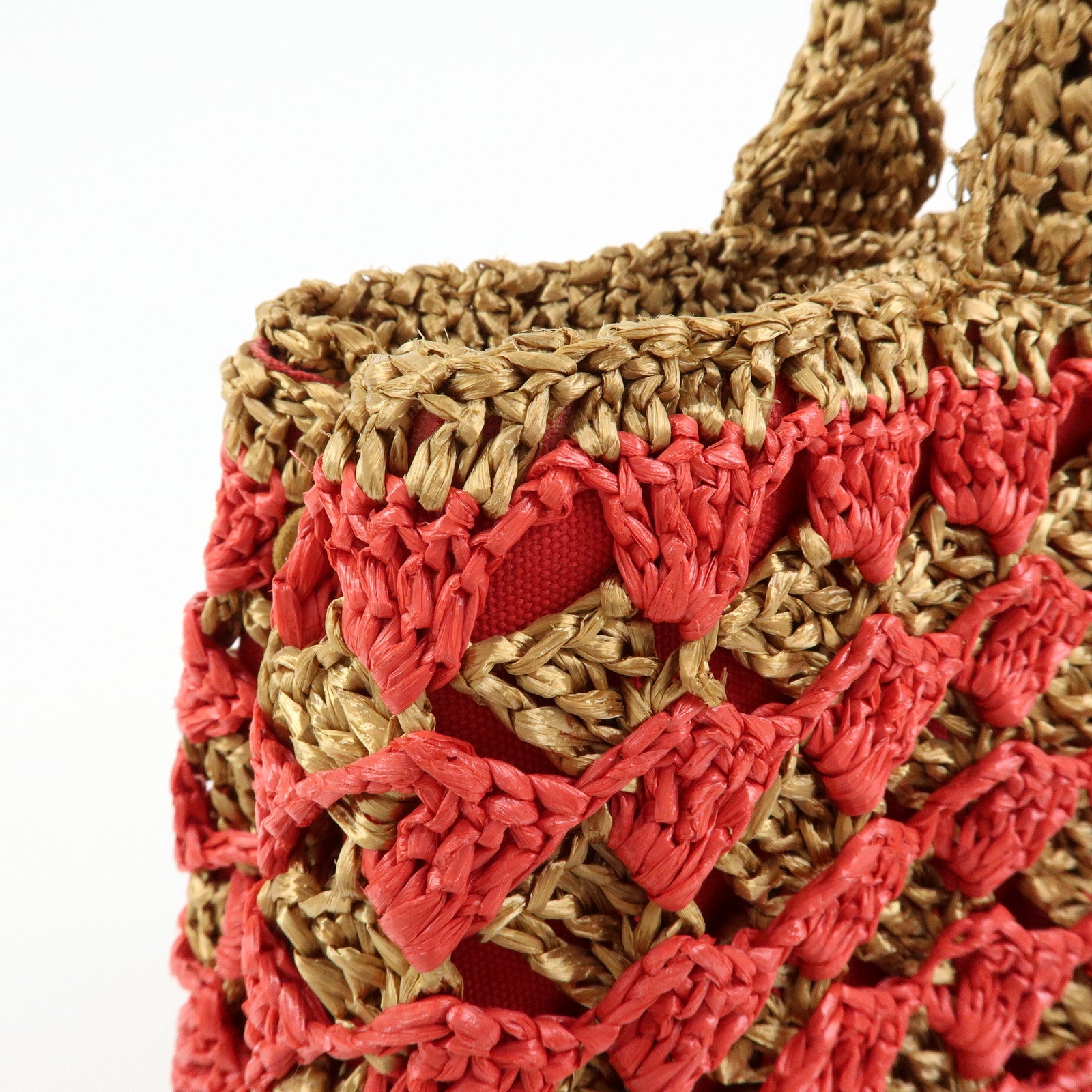 PRADA Triangle Logo Raffia 2Way Bag Hand Bag Shoulder Bag Red Brown