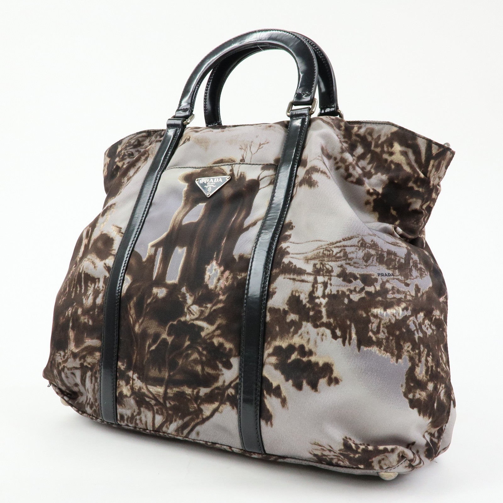 PRADA Triangle Logo Nylon Leather Tote Bag Hand Bag Gray BN2791