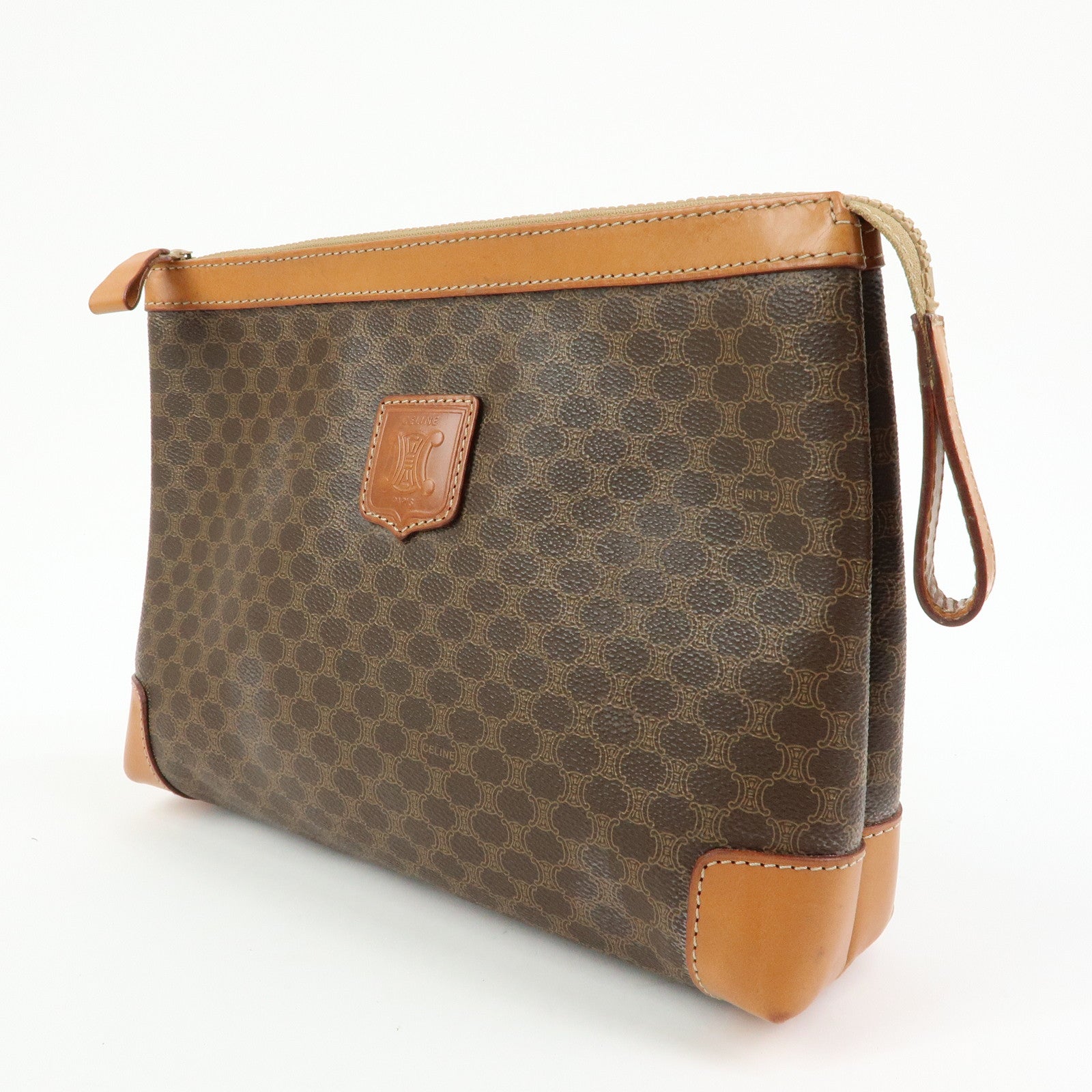 CELINE Macadam PVC Leather Clutch Bag Cosmetic Pouch Brown