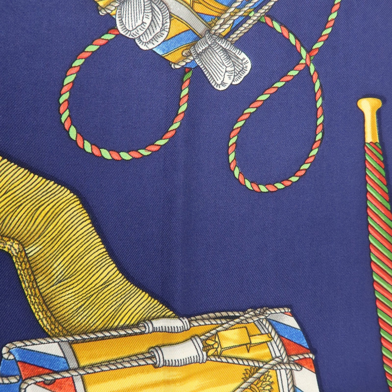 HERMES Carre 90 Silk 100% Scarf LES TAMBOURS Navy Gold