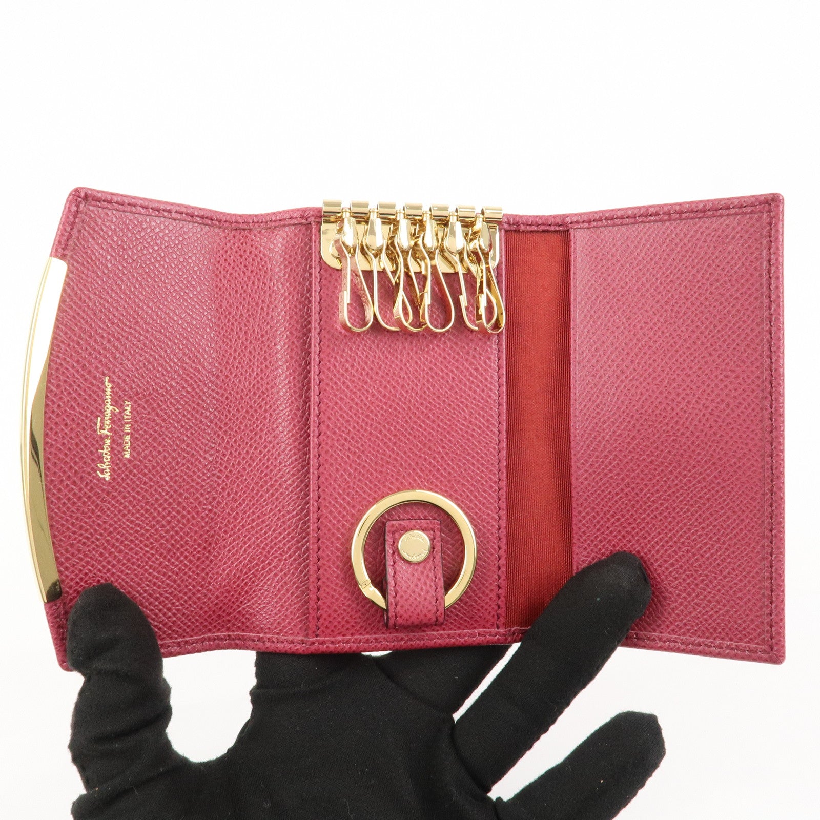 Ferragamo Gancini Leather 6 Ring Key Chain Key Case Red Gold