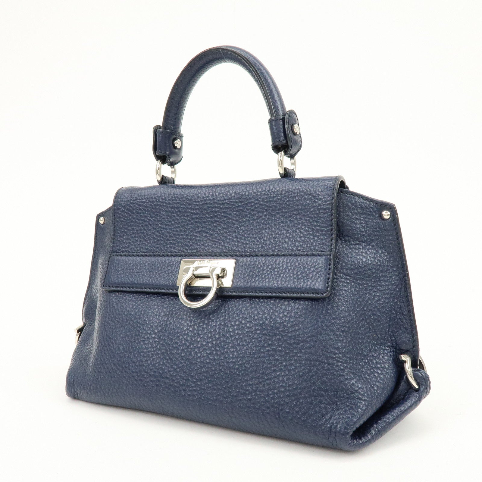 Ferragamo Gancini Leather Hand Bag Navy