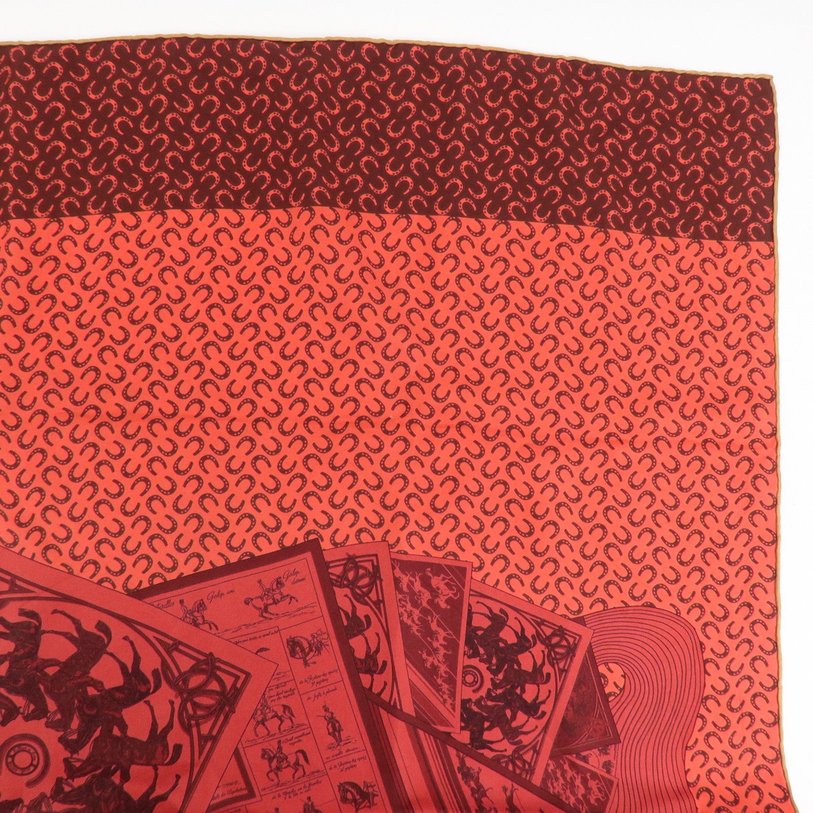 HERMES Carre 90 Silk 100% Scarf  Porte Bonheur Horse Pattern Red Used