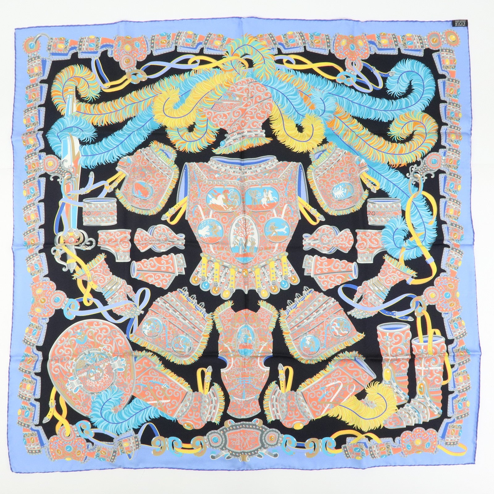 HERMES Carre 90 Silk 100% Scarf SOUS LE GIDE DE MARS Black Blue