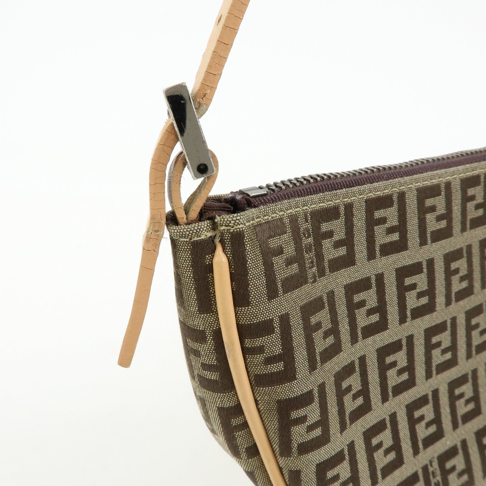 FENDI Zucchino Canvas Leather Shoulder Bag Hand Bag Beige 8BR144