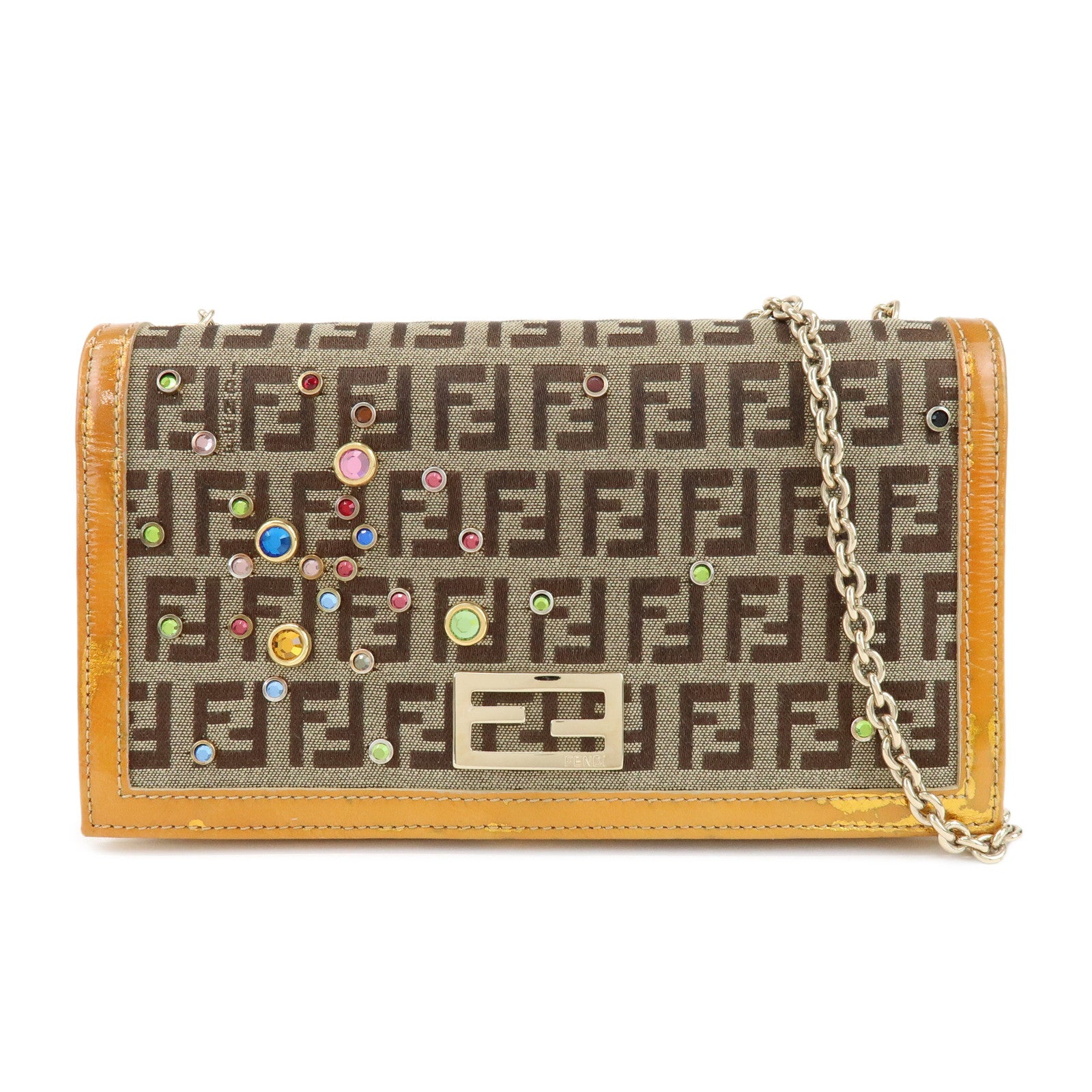 FENDI Zucchino Canvas Leather Chain Long Wallet Brown Gold 8M0219