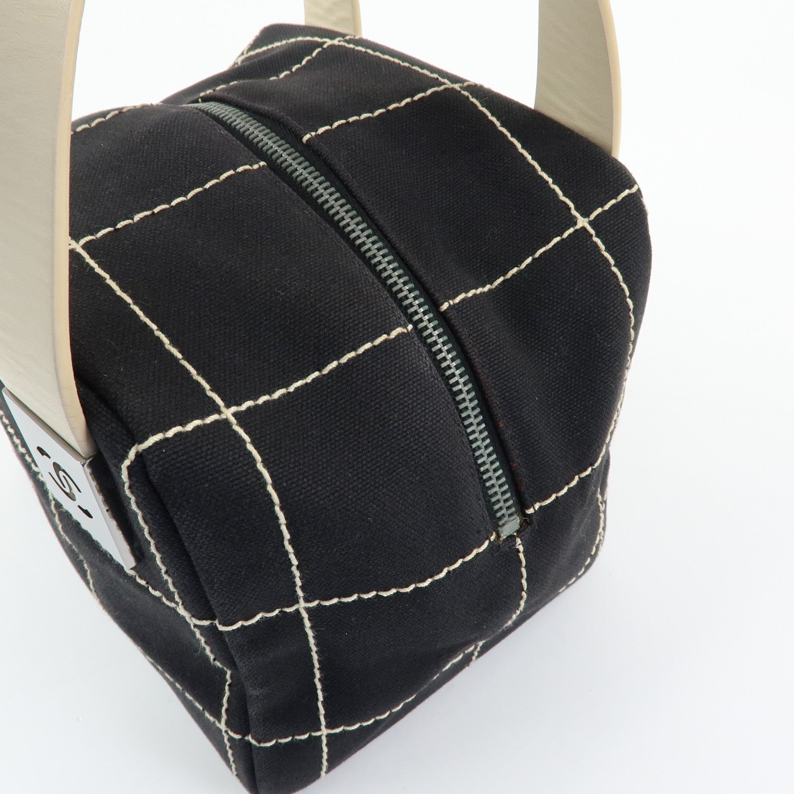 CHANEL Chocolate Bar Canvas Leather Hand Bag Black Ivory