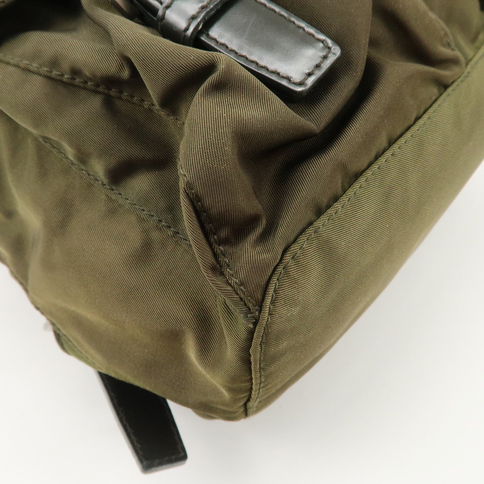PRADA Triangle Logo Nylon Leather Backpack Ruck Sack Khaki B6677 Used