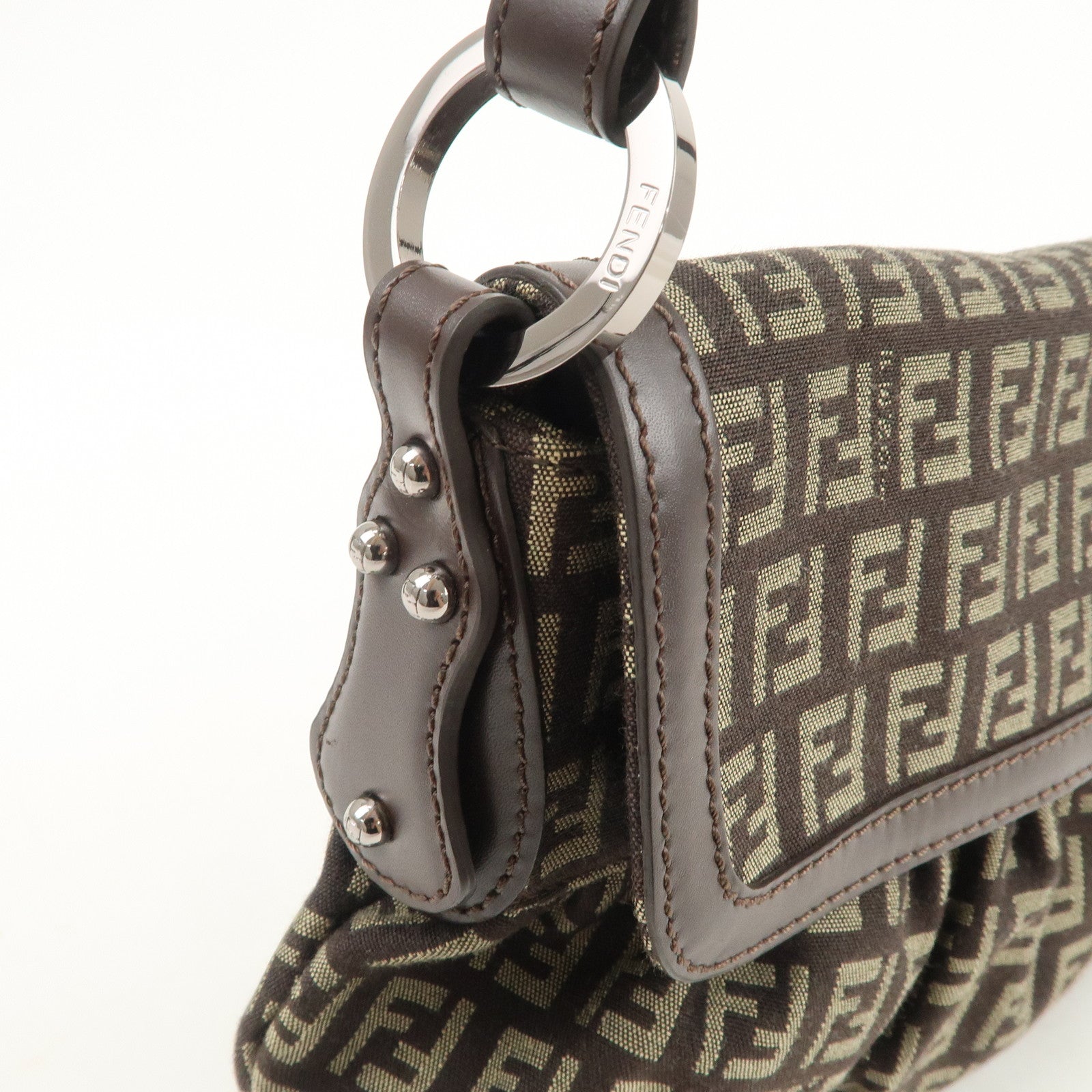 FENDI Zucchino Shoulder Bag Hand Bag Brown Silver 8BR353