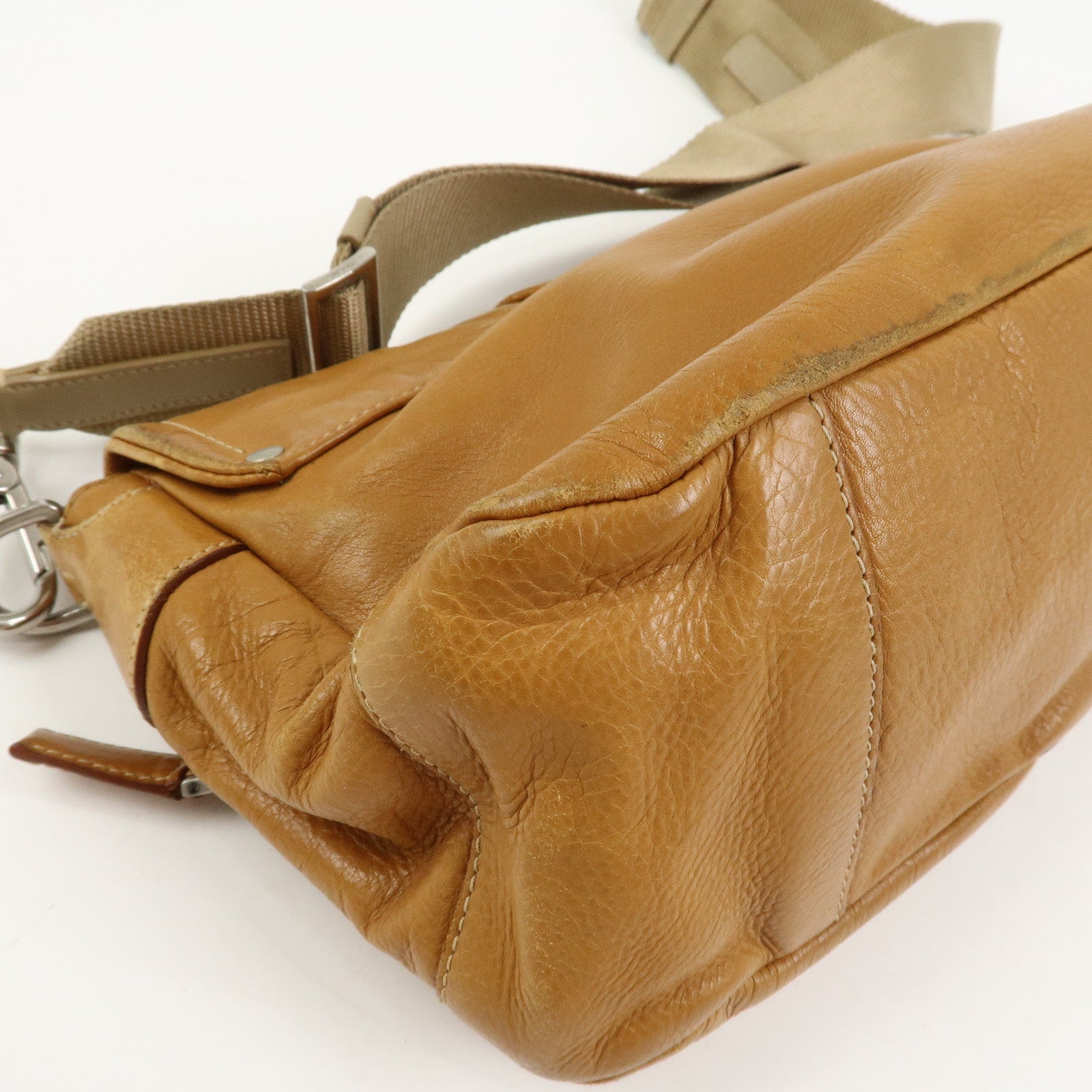 PRADA Triangle Logo Leather Front Pocket Shoulder Bag Brown BR2417