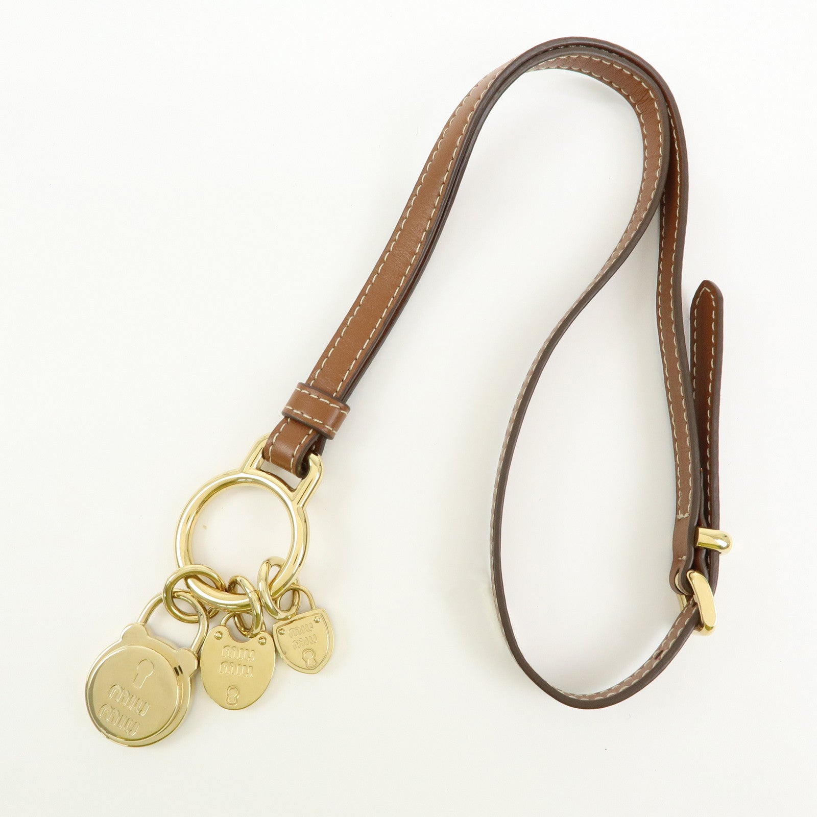 MIU MIU Leather Bag Charm Key Chain Brown Gold 5IC182