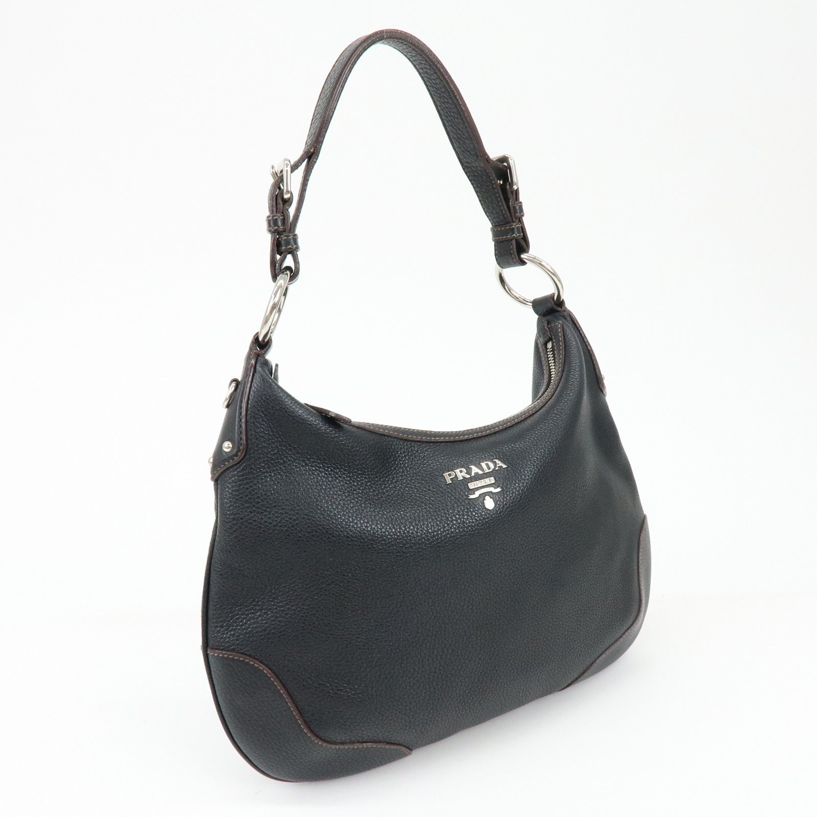 PRADA Logo Vitello Daino Leather Shoulder Bag Hand Bag Black BR3373