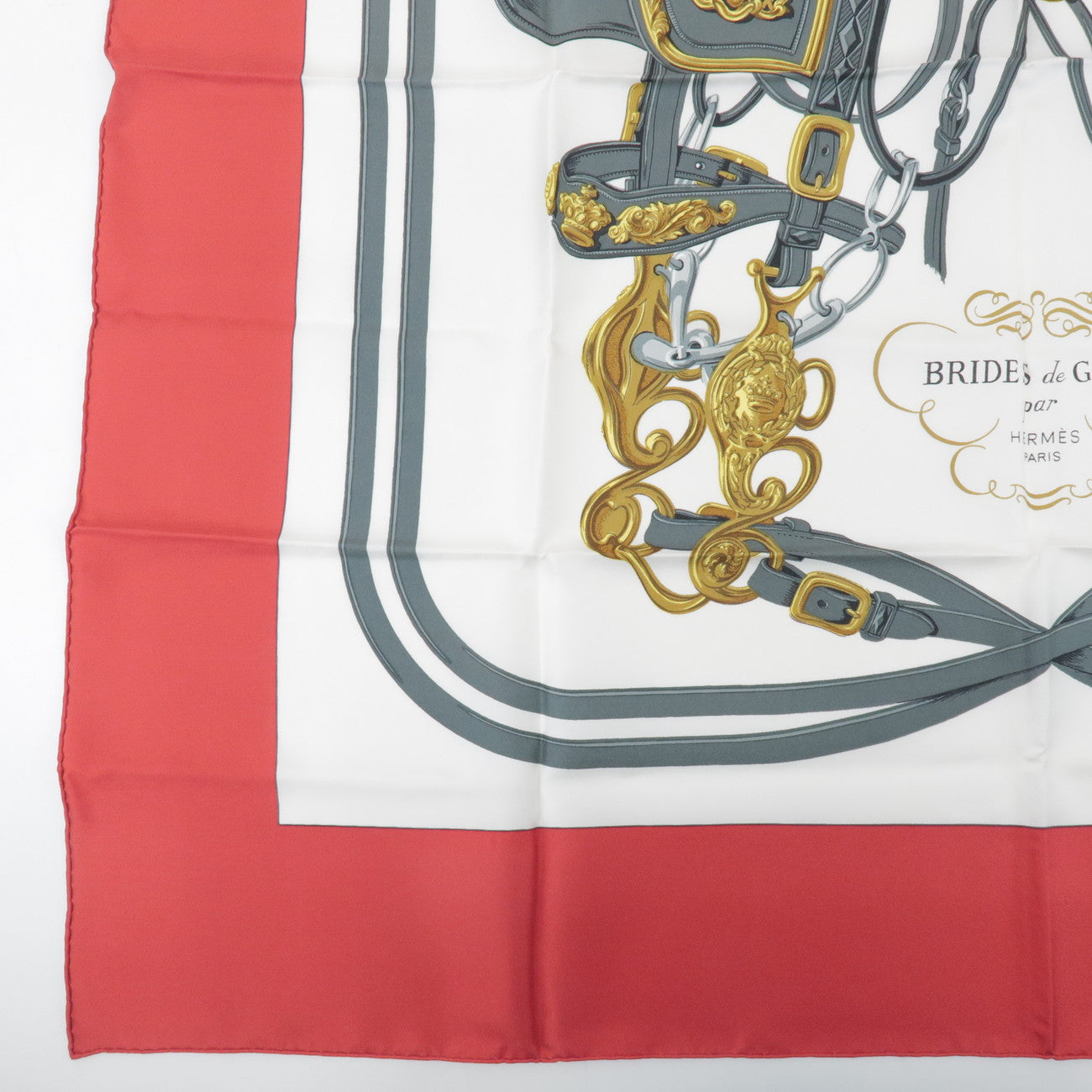 HERMES Carre 90 Silk 100% Scarf BRIDES DE GALA Gray Gold Red