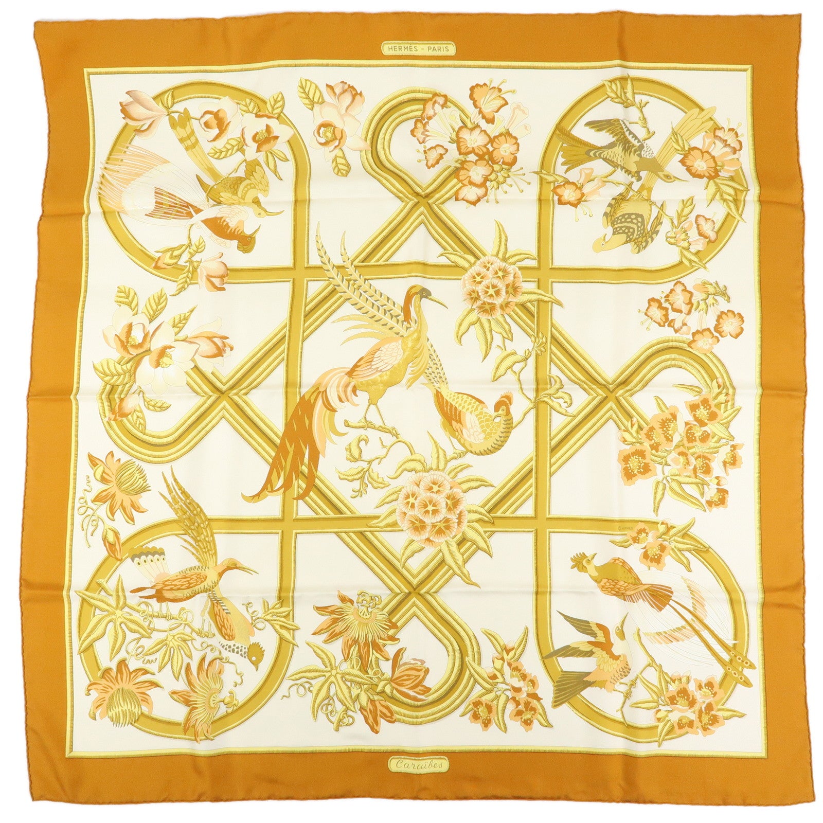 HERMES Carre Silk 100% Scarf Caraibes Oiseaux Light Brown