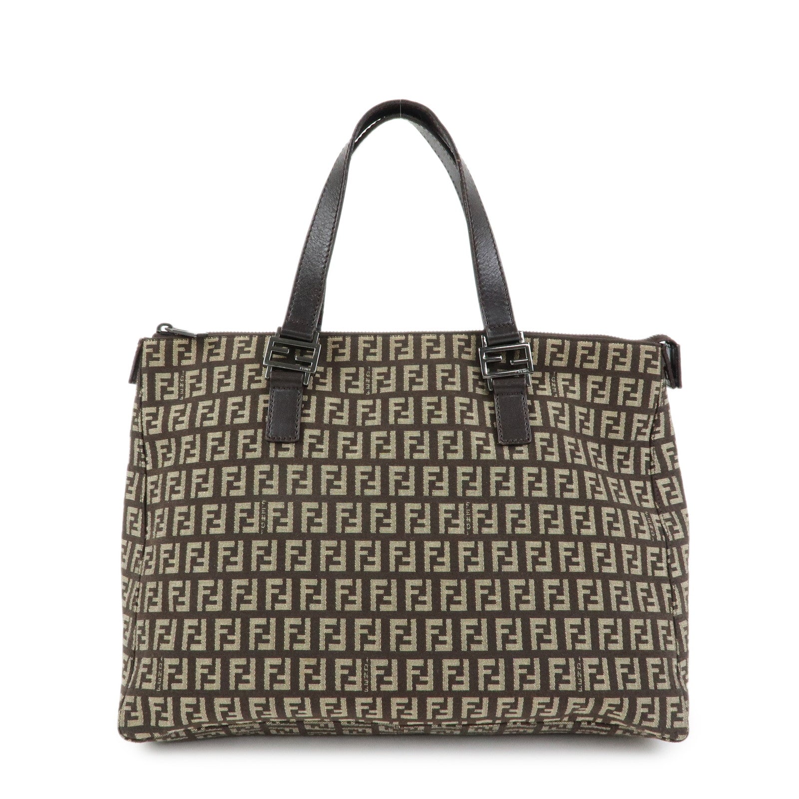 FENDI Zucchino Canvas Leather Tote Bag Hand Bag Brown 8BH138