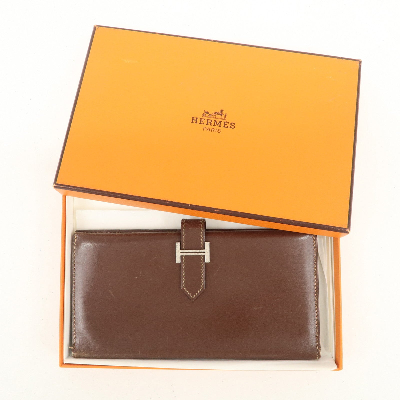HERMES Béarn Classic Leather Long Wallet F Stamped Brown