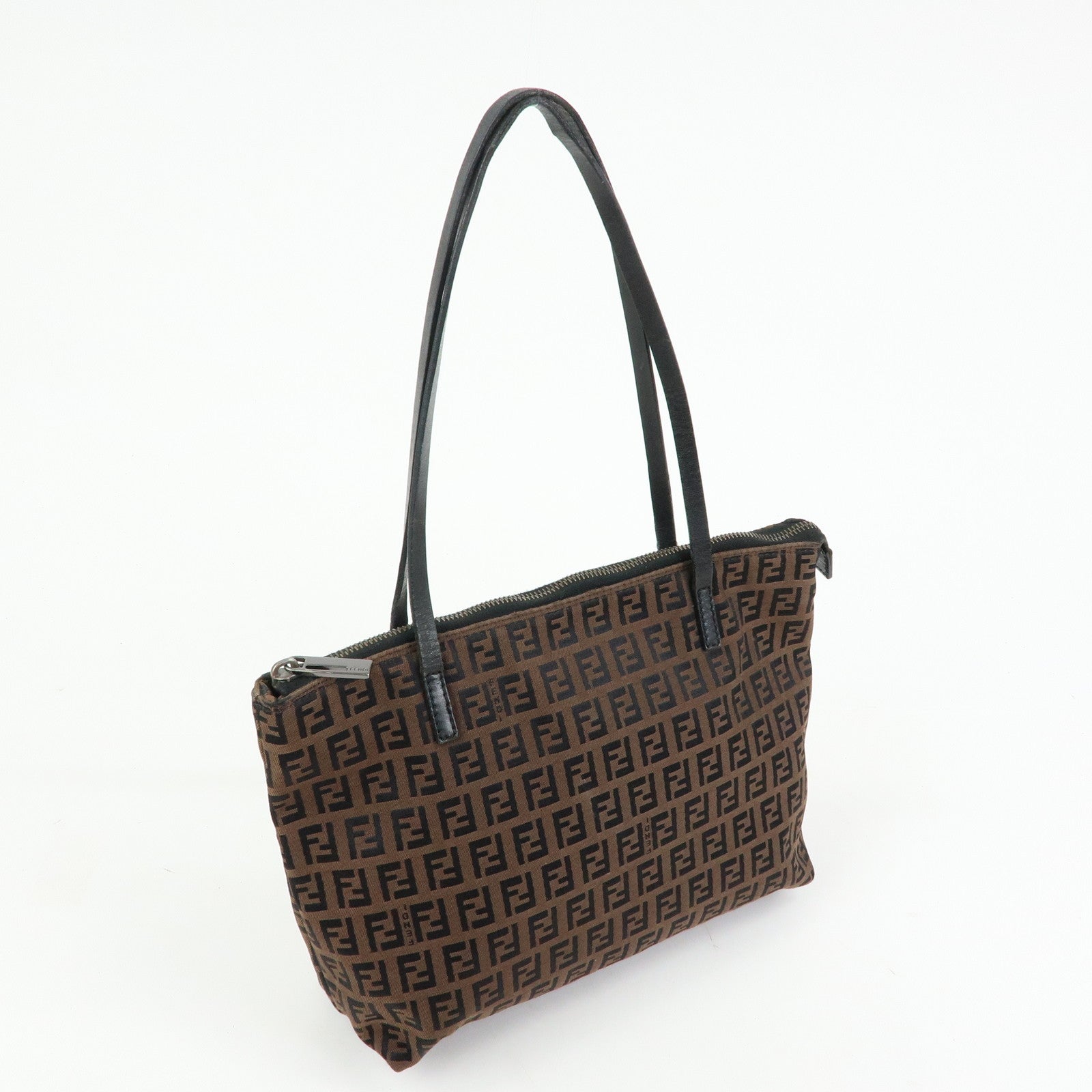 FENDI Zucchino Canvas Leather Tote Shoulder Bag Brown Black 8BH023