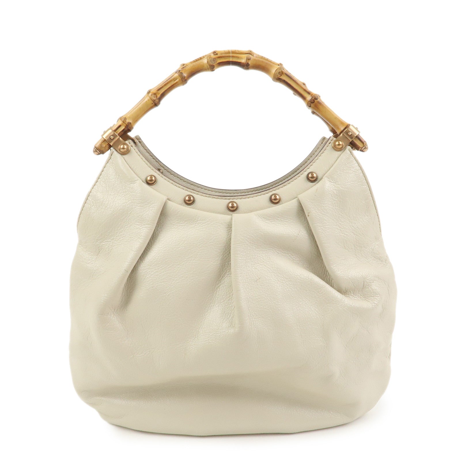 GUCCI Bamboo Leather Studs Shoulder Bag Hand Bag Ivory 124297