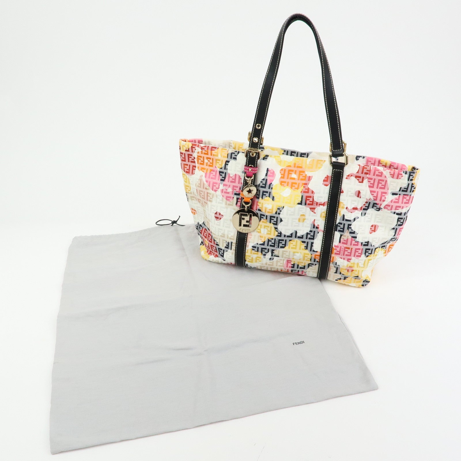 FENDI Zucchino Canvas Leather Flower Tote Bag Shoulder Bag 8BH215