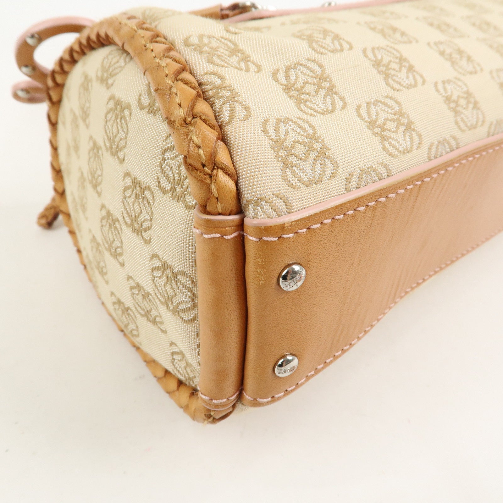 LOEWE Anagram Logo Canvas Shoulder Bag Leather Beige Light Brown