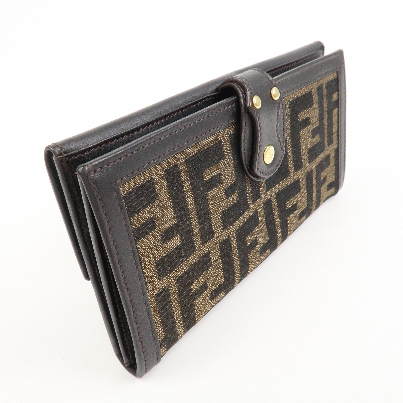 FENDI Canvas Leather Bi-fold Long Wallet Brown 8M0112