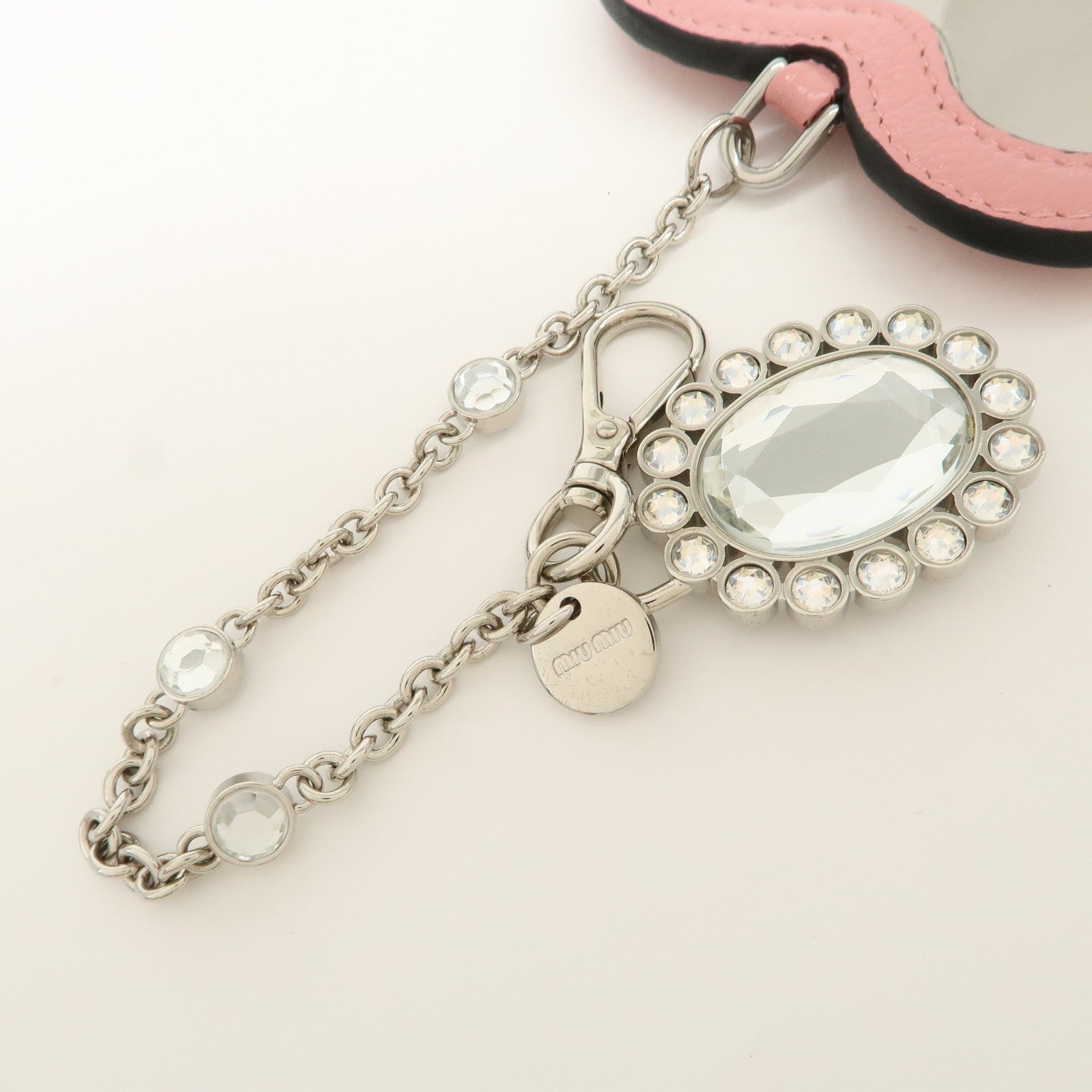 MIU MIU Leather Heart Motif Mirror Bag Charm Key Chain Pink 5TL376