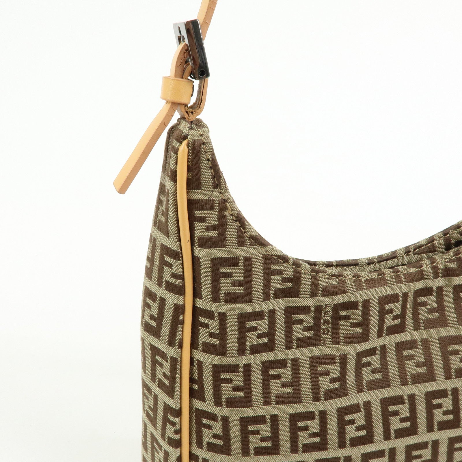 FENDI Zucchino Canvas Leather Hand Bag Khaki Beige 8BR157