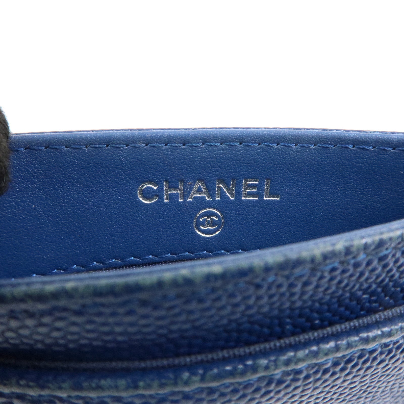 CHANEL Logo Caviarskin Leather Card Case Card Holder Blue
