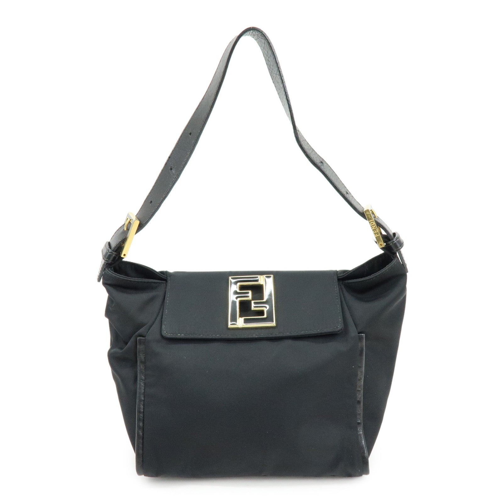 FENDI Nylon Leather Hand Bag Shoulder Bag Black 15333