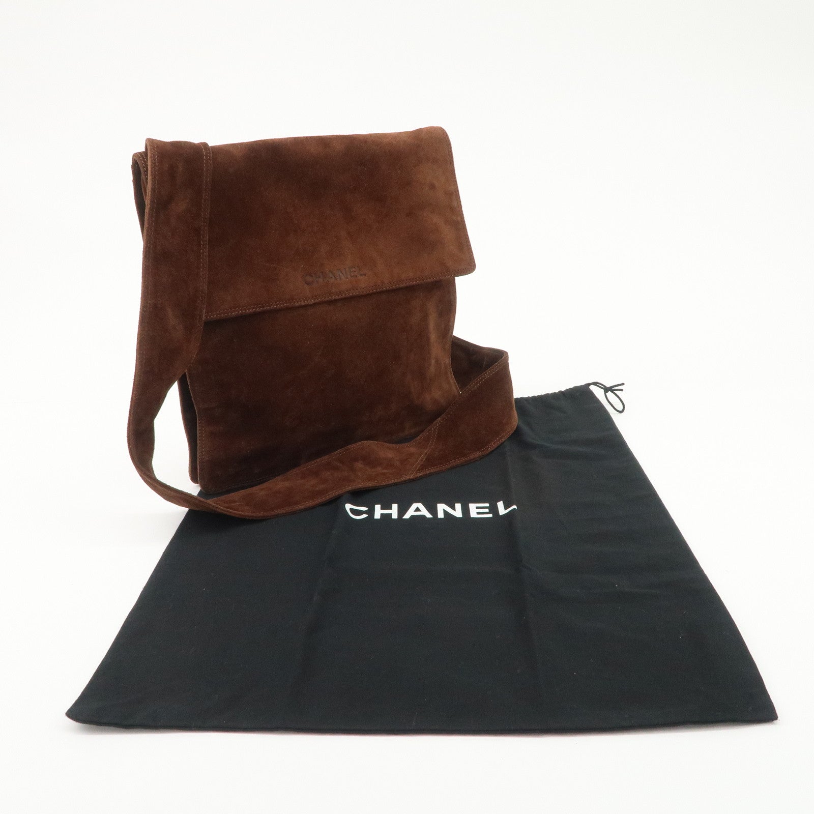 CHANEL Logo Suede Shoulder Bag Crossbody Bag Brown Used