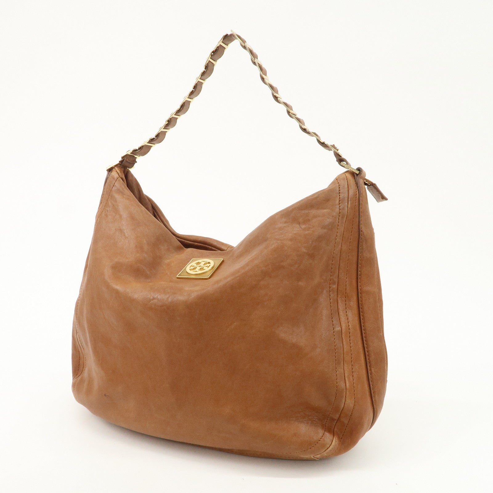 TORY BURCH Leather Shoulder Bag Brown Gold Hardware Used