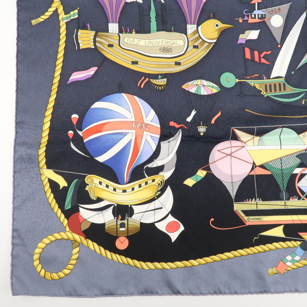 HERMES Carre 90 Silk 100% Scarf LES FOLIES DU CIEL Black Multicolor Used