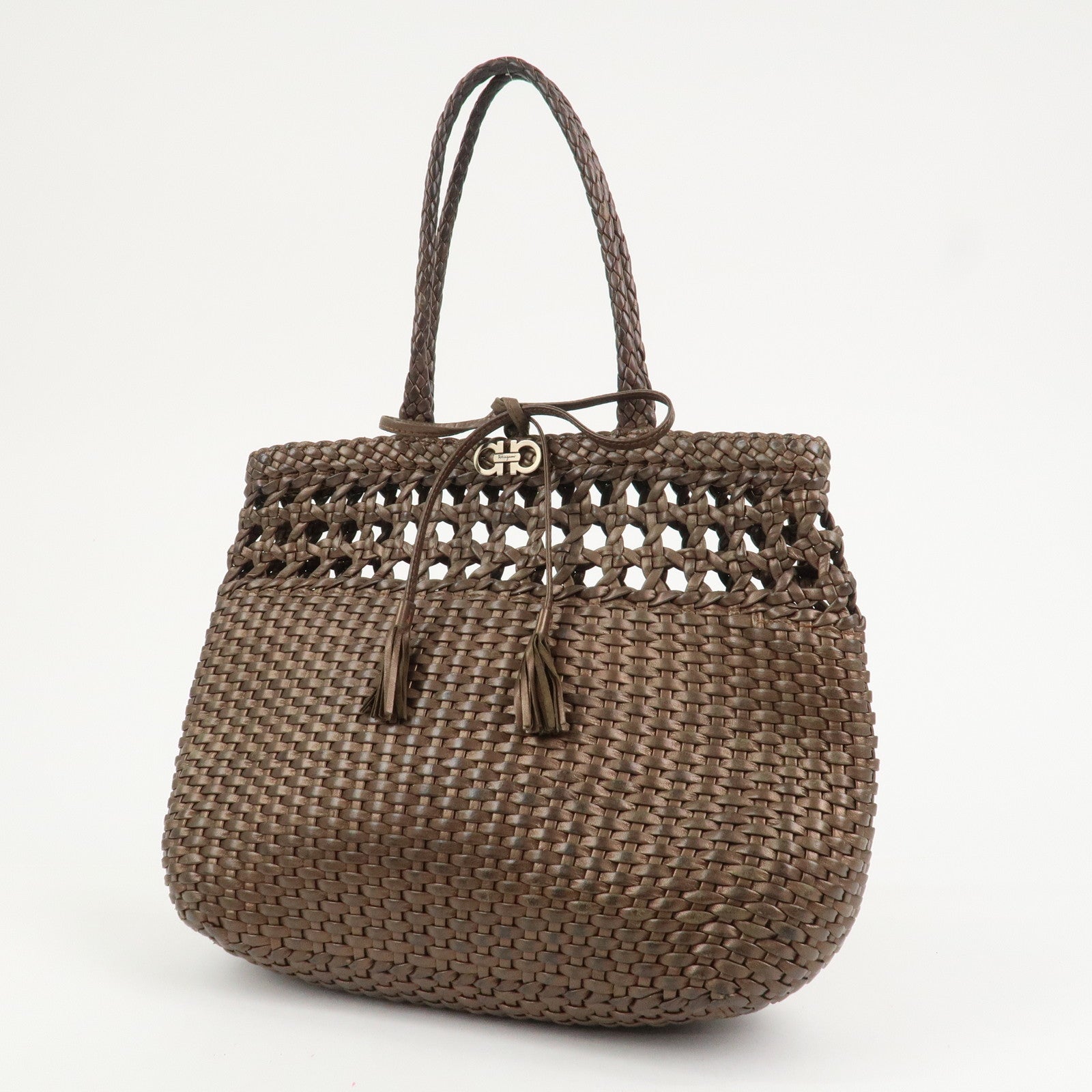 Ferragamo Gancini Logo Leather Tote Bag Shoulder Bag Brown