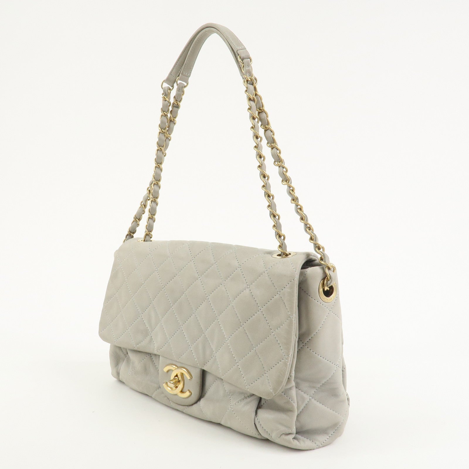 CHANEL Matelasse COCO Mark Shiny Lamb Skin Chain Shoulder Bag Gray