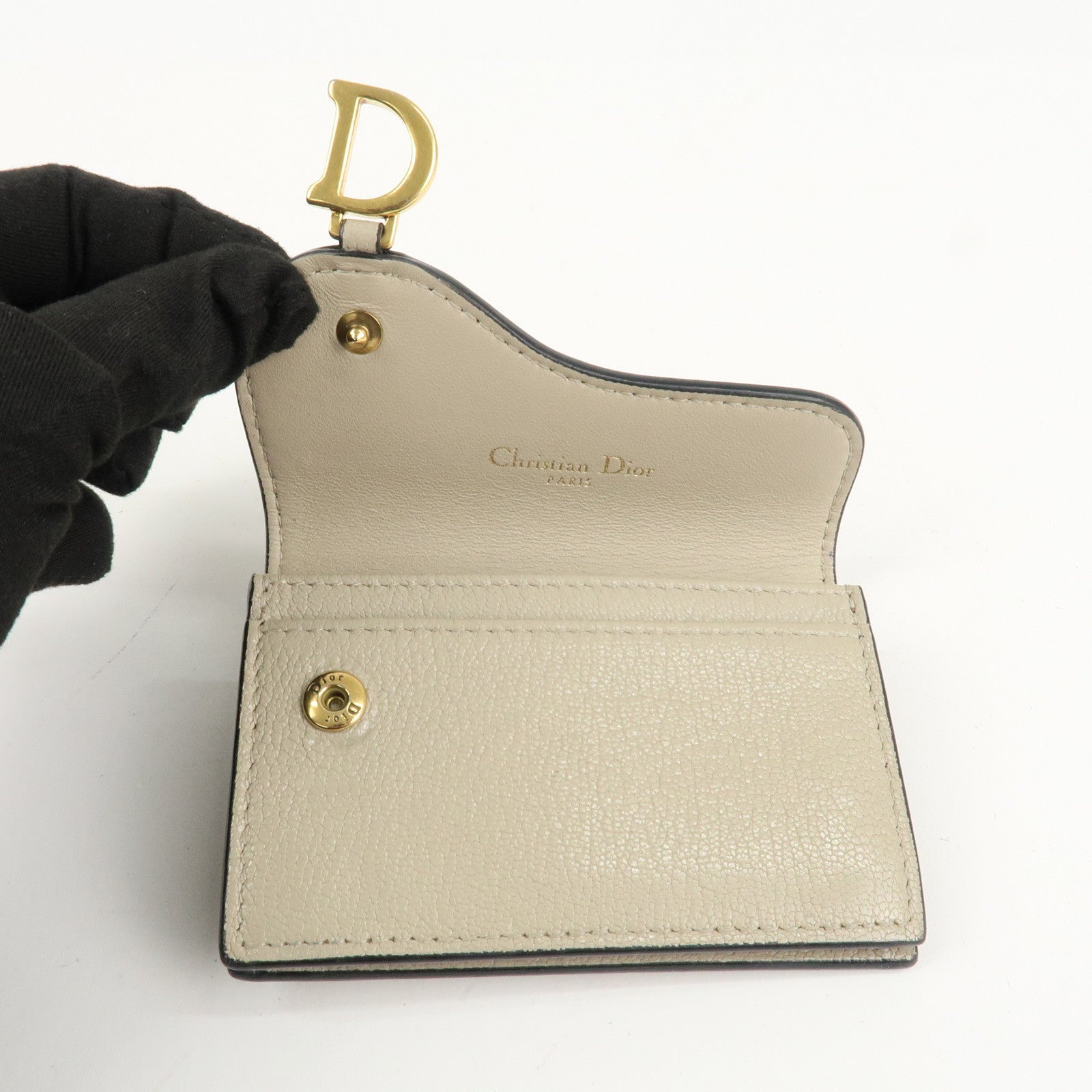 Christian Dior Leather Card Case Beige Gold HDW 44-MA-0248 Used