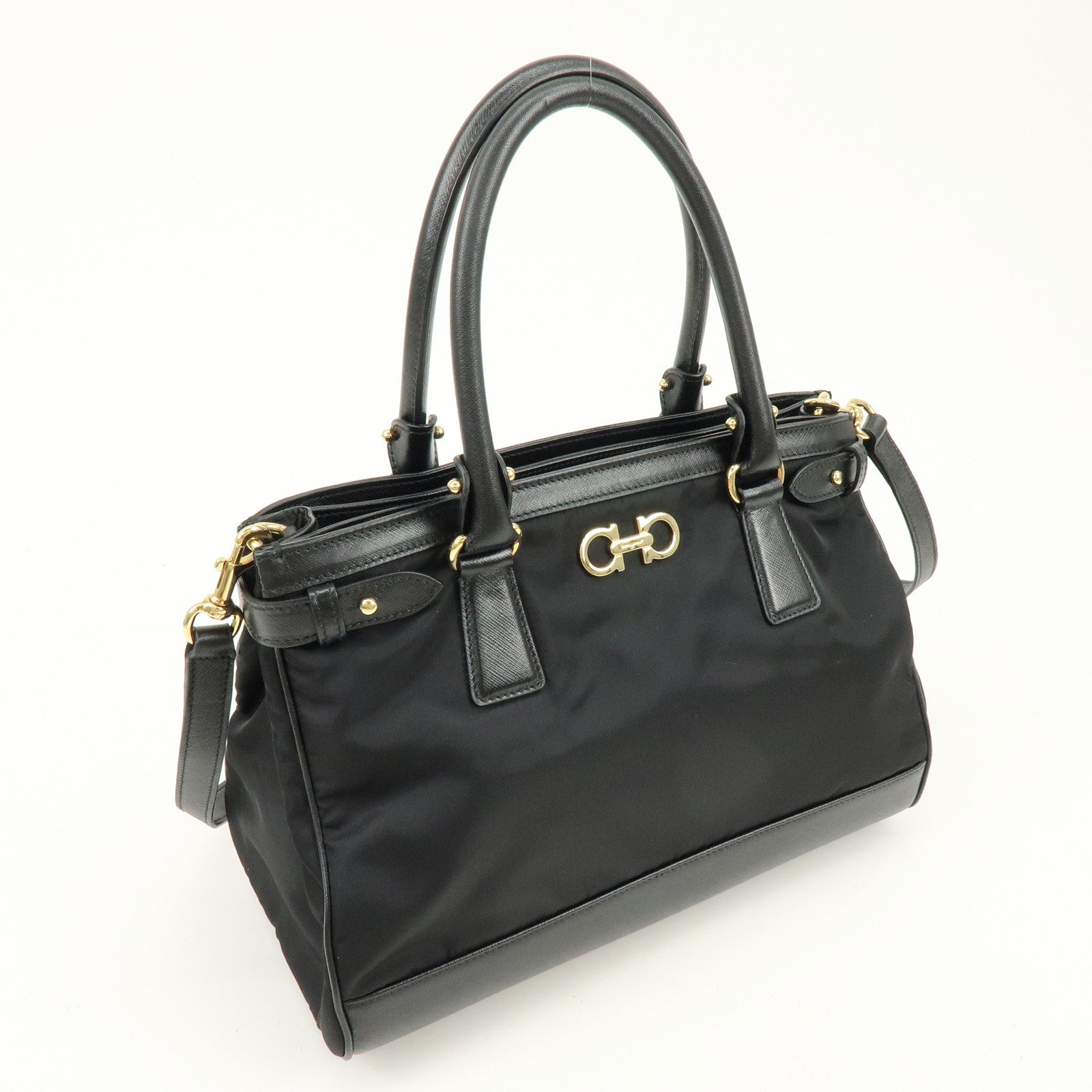 Ferragamo Gancini Nylon Leather 2Way Bag Hand Shoulder Bag Black