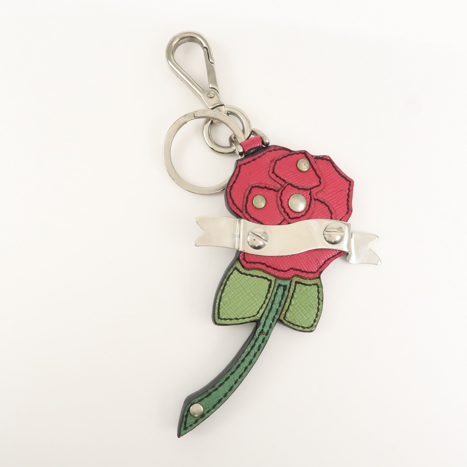 PRADA Rose Motif Leather Bag Charm Key Chain Red Green 1AR290