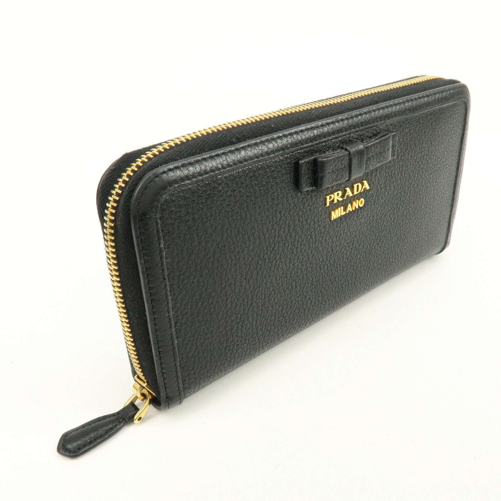 PRADA Ribbon Logo Leather Round Zippy Long Wallet Black