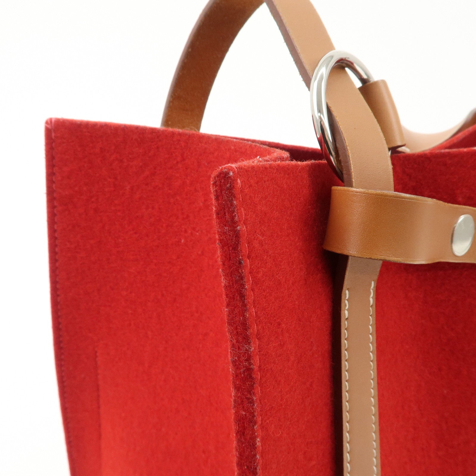 HERMES Leather Felt Cabalicol P Stamped Shoulder Bag Beige Red Used