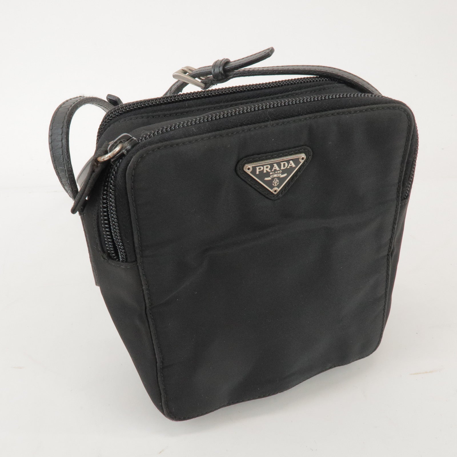 PRADA Triangle Logo Nylon Leather Crossbody Bag Shoulder Bag Black