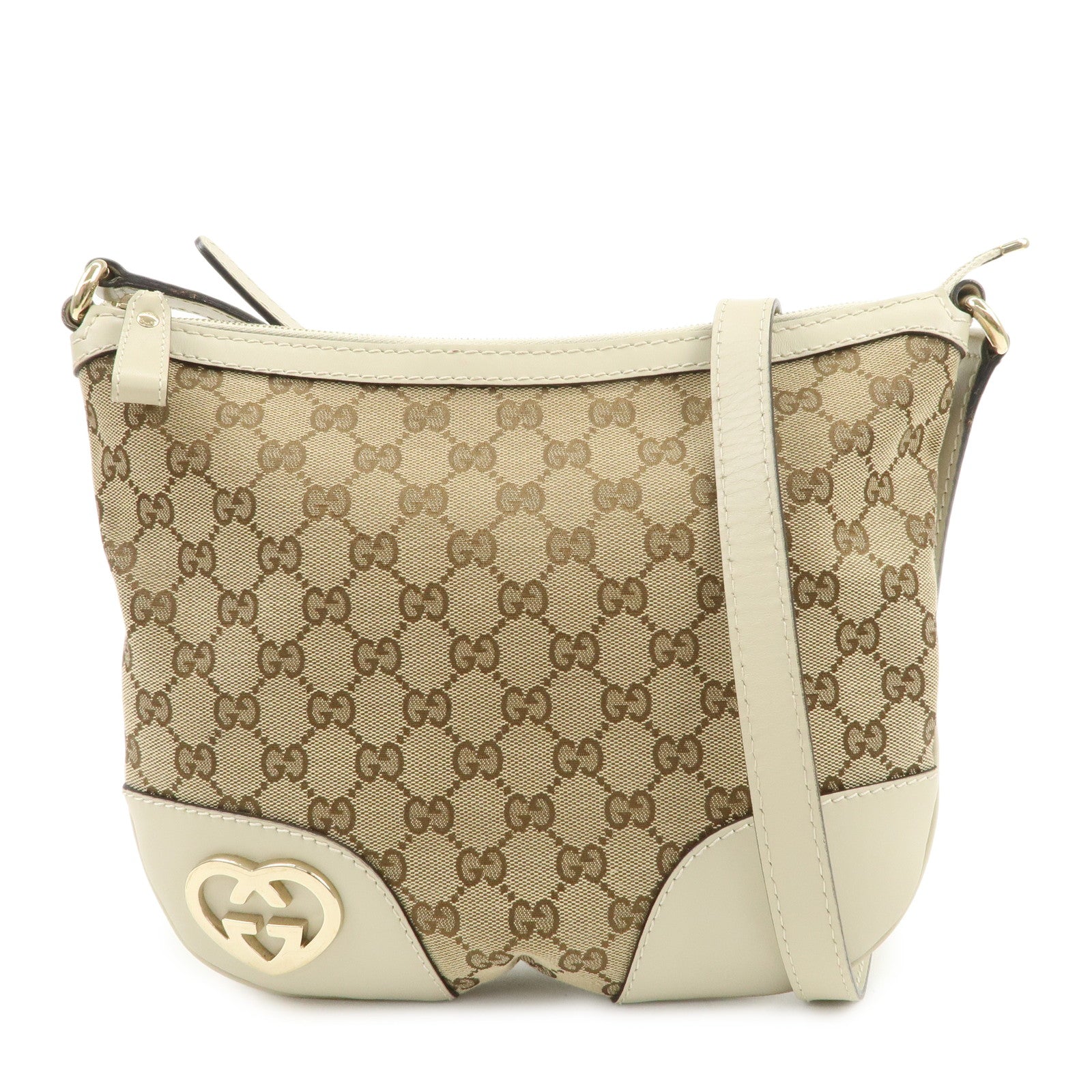 GUCCI Lovely Heart GG Canvas Leather Shoulder Bag Ivory 257072
