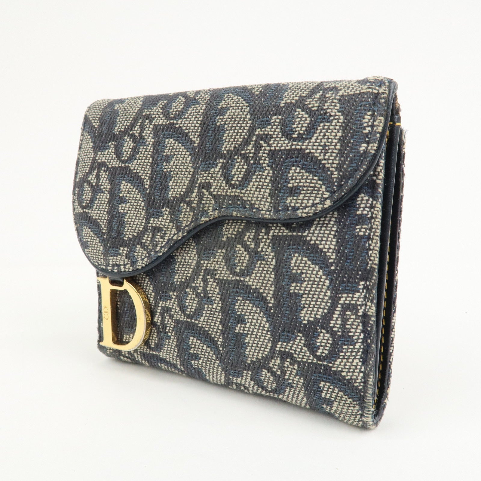 Christian Dior Trotter Saddle Canvas Leather Compact Wallet Navy