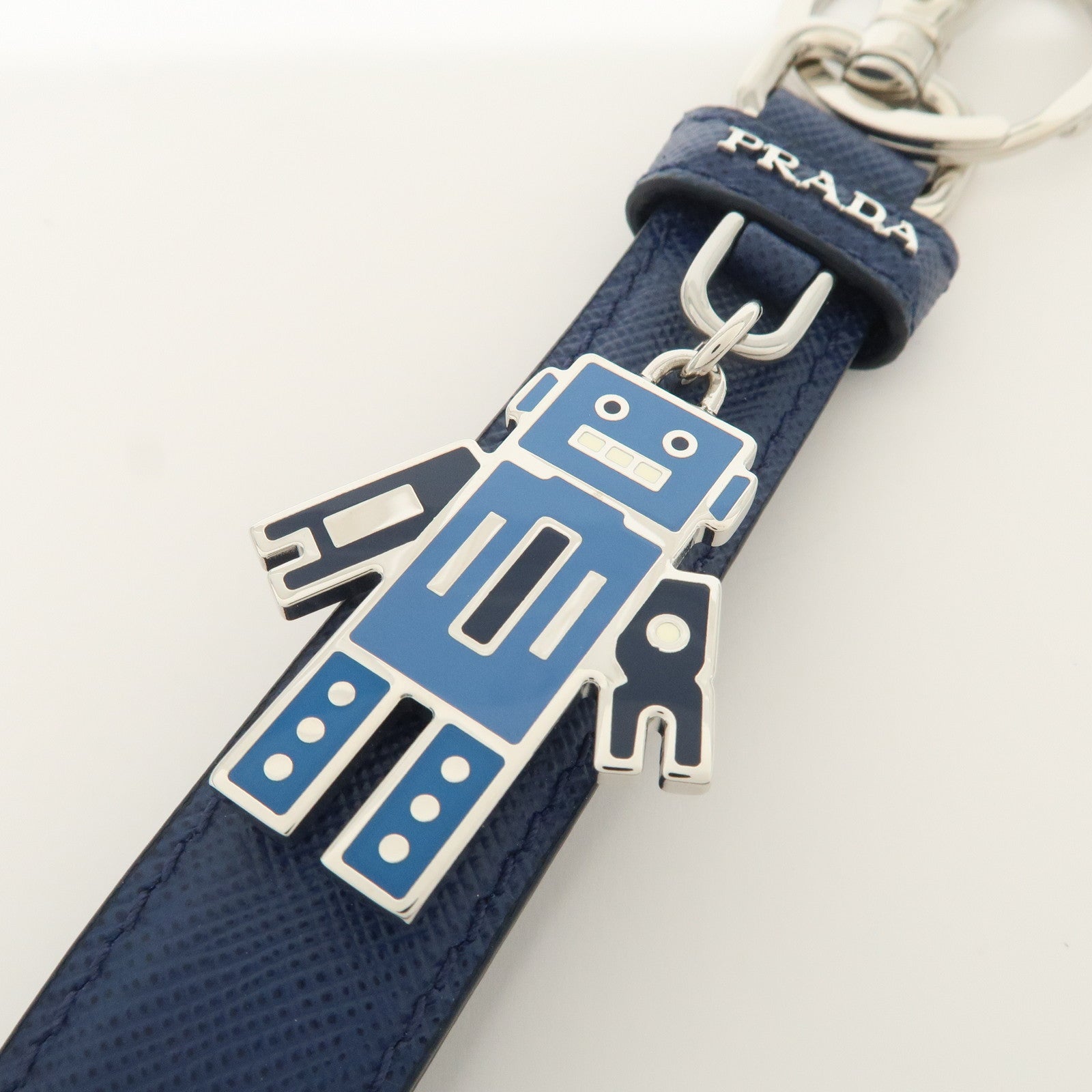 PRADA Saffiano Leather Bag Charm Key Holder Blue 1PP698