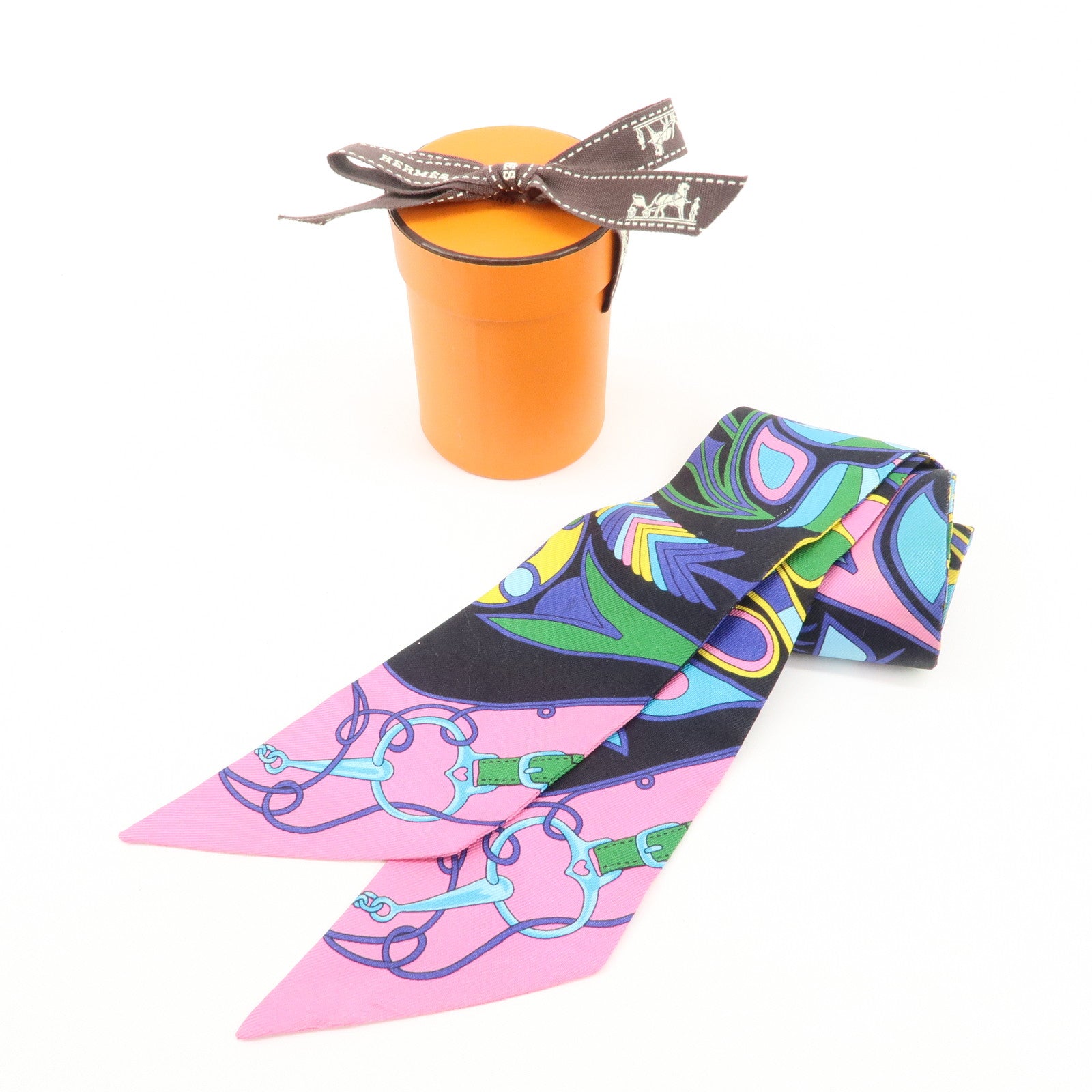 HERMES Silk 100％ Twilly Scarf FOLKLORE Black Pink Used