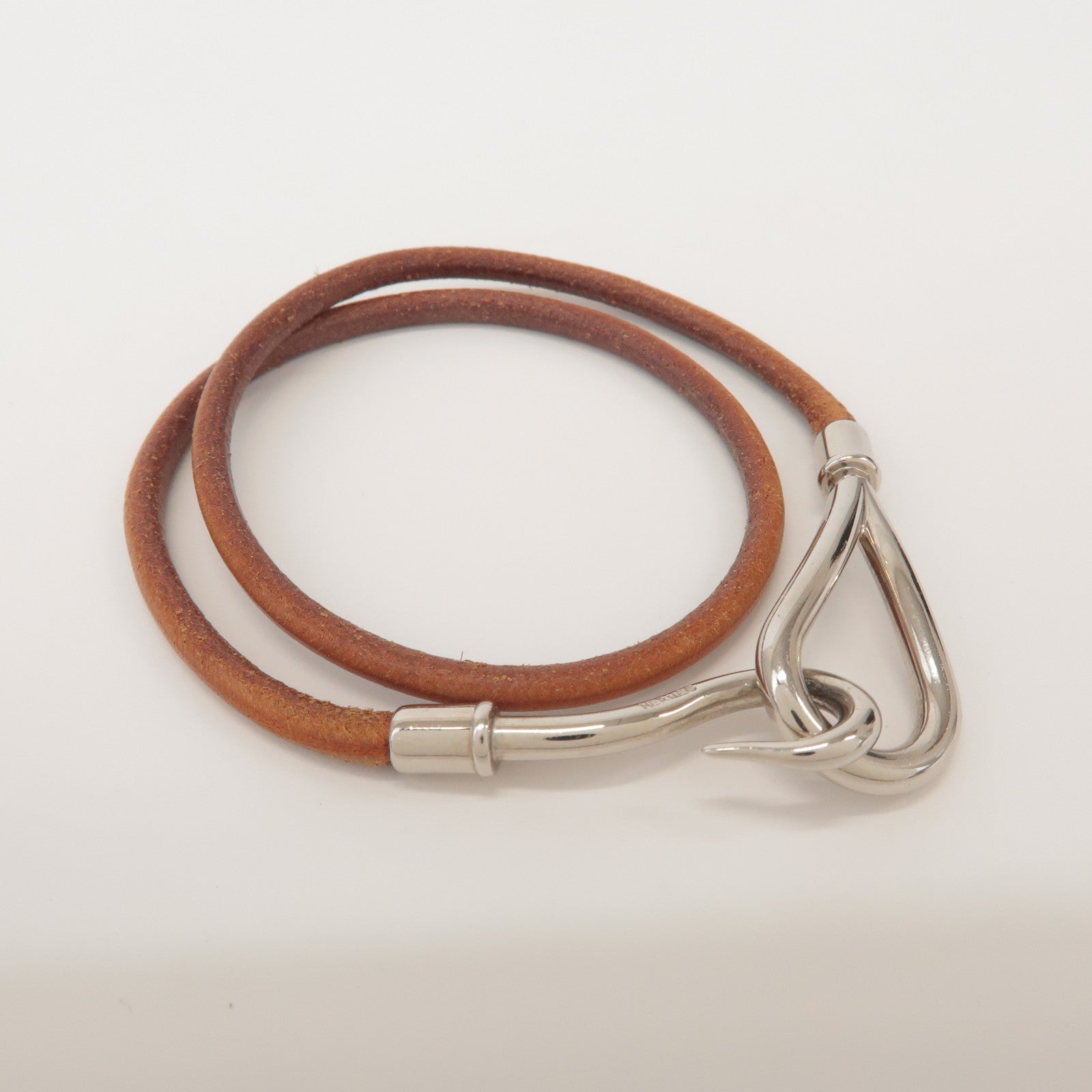 HERMES Jumbo Choker Leather Metal Bracelet Brown Silver