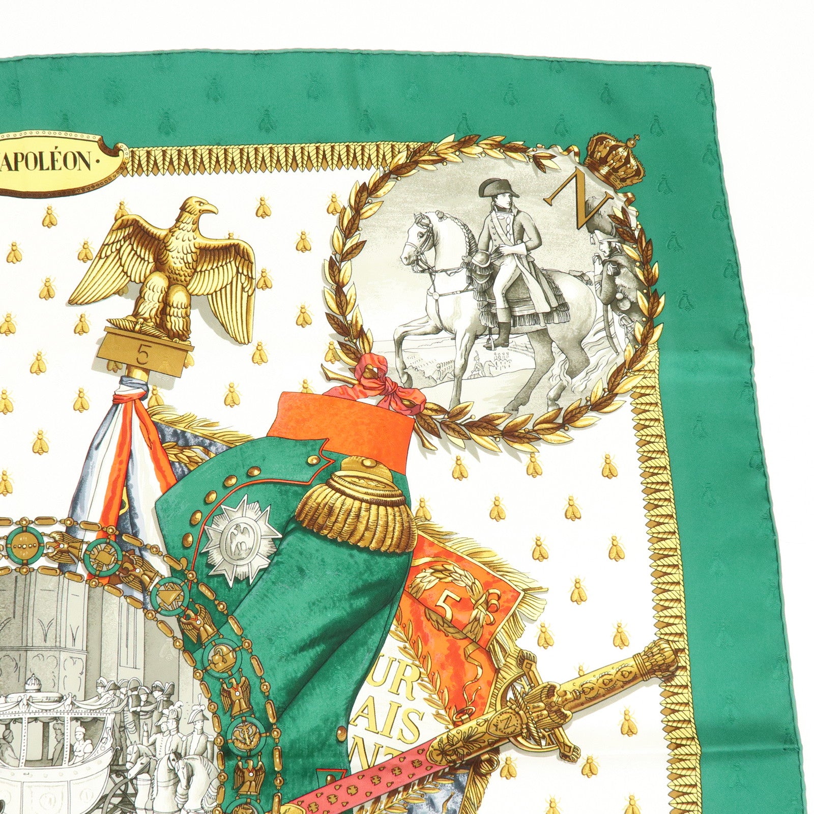HERMES Carre 90 Silk 100% Scarf NAPOLEON Green White Red