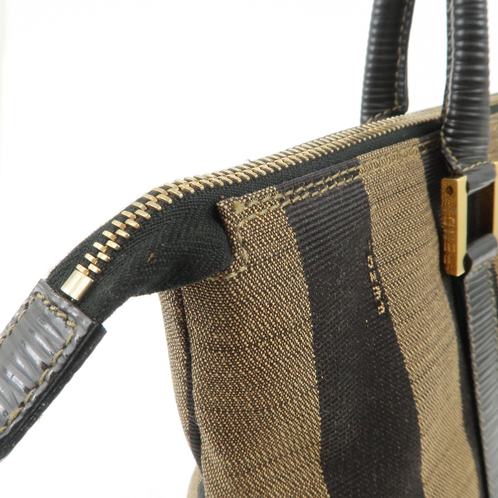 FENDI Pequin Canvas Leather Hand Bag Tote Bag Black Brown