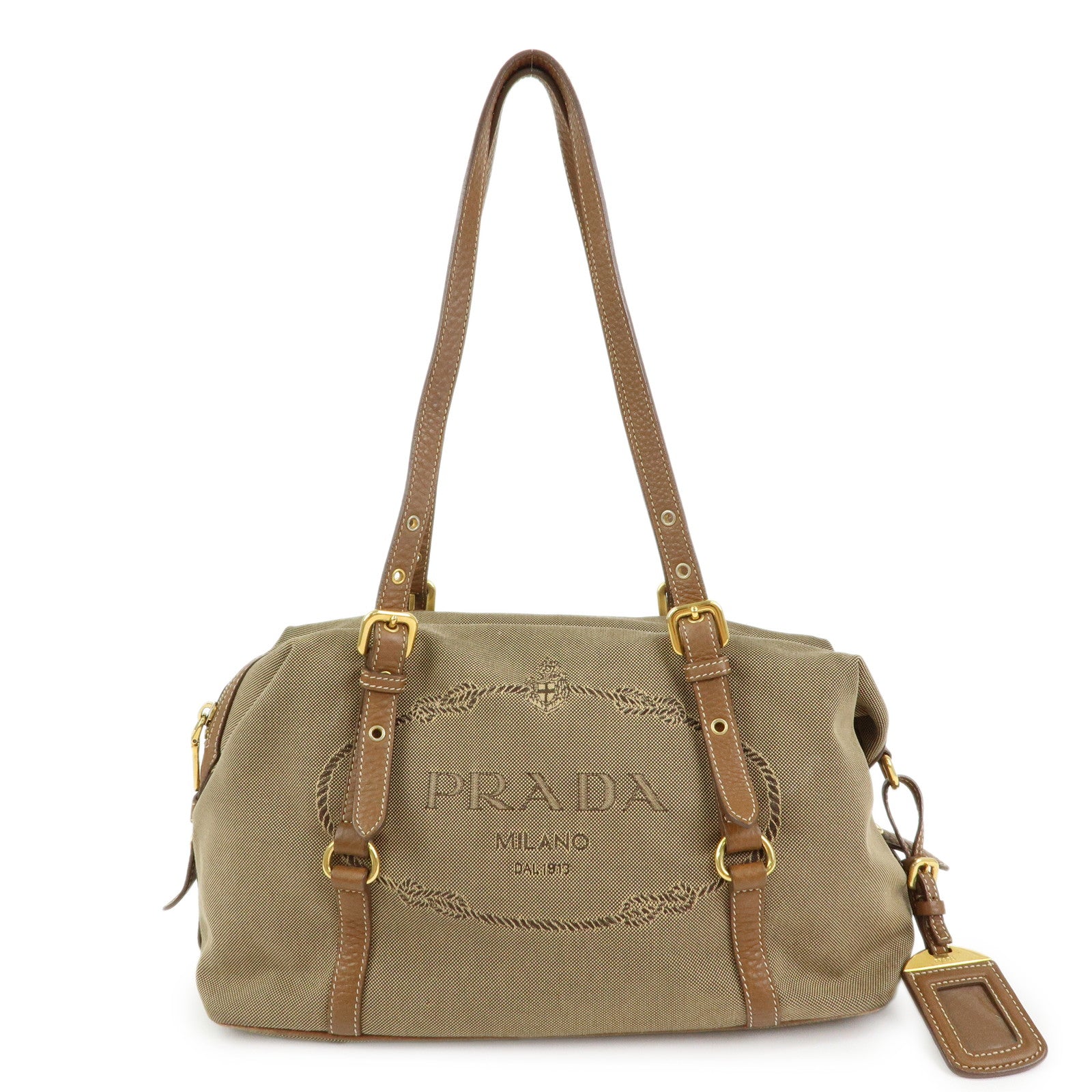 PRADA Logo Canvas Leather Boston Bag Hand Bag Beige Brown BL0600