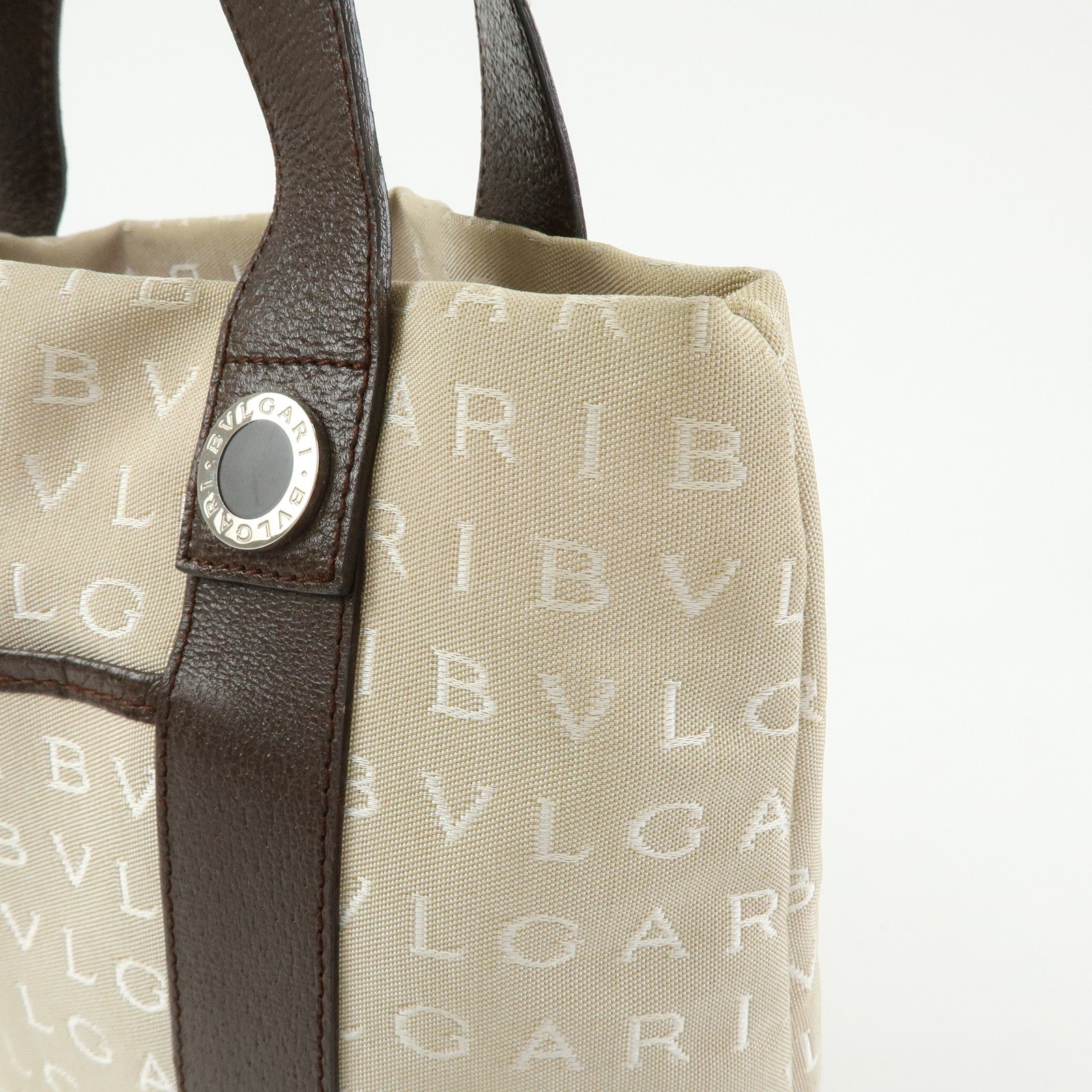BVLGARI Logo Mania Canvas Leather Tote Bag Hand Bag Beige Brown
