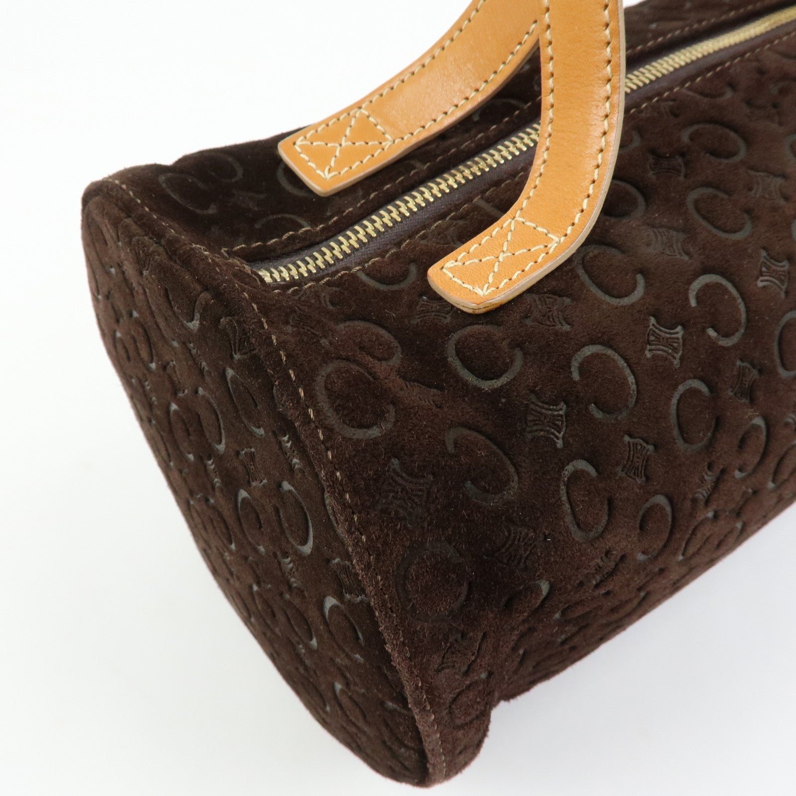 CELINE C Macadam Suede Leather Hand Bag Drum Bag Dark Brown